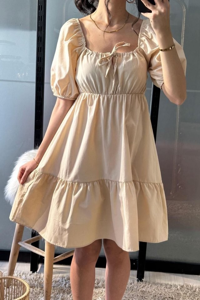 2351 Kloş Poplin Elbise - Krem
