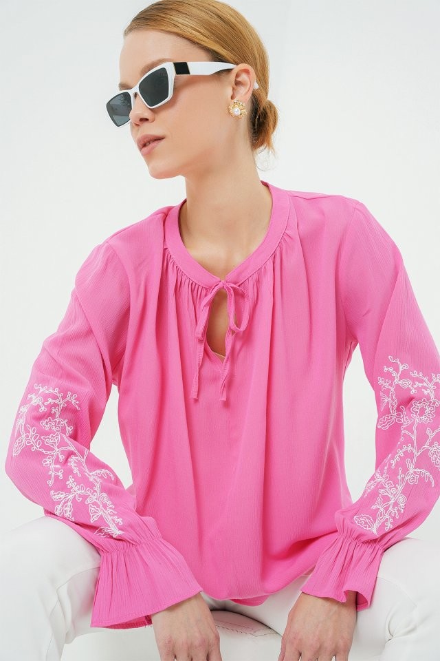 Nakışlı Örme Bluz 941 - Pembe