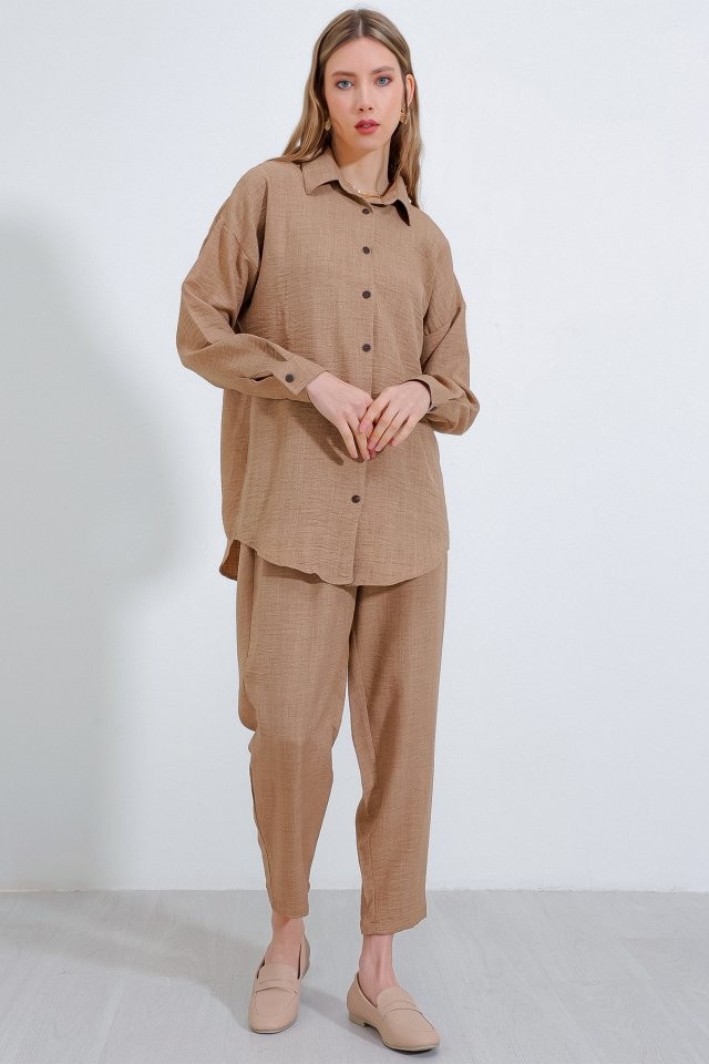 Camel Oversize Keten Alt Üst Takım 6622