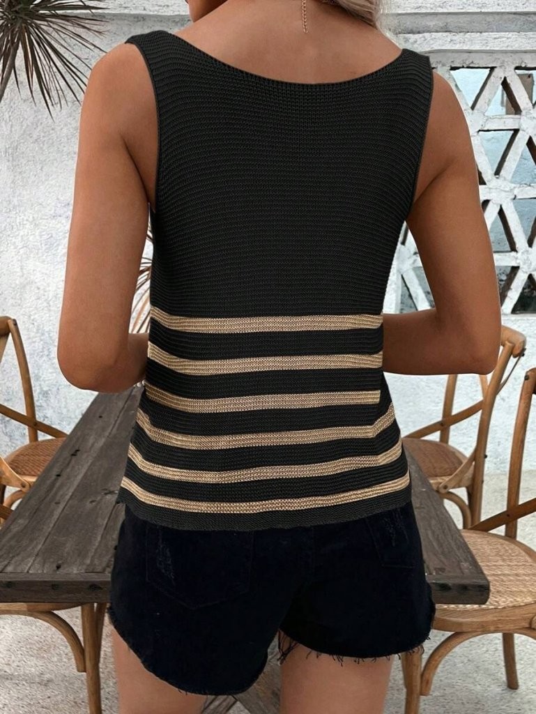 Kadın Sıfır Kol Yuvarlak Yaka şerit Detay Triko Bluz