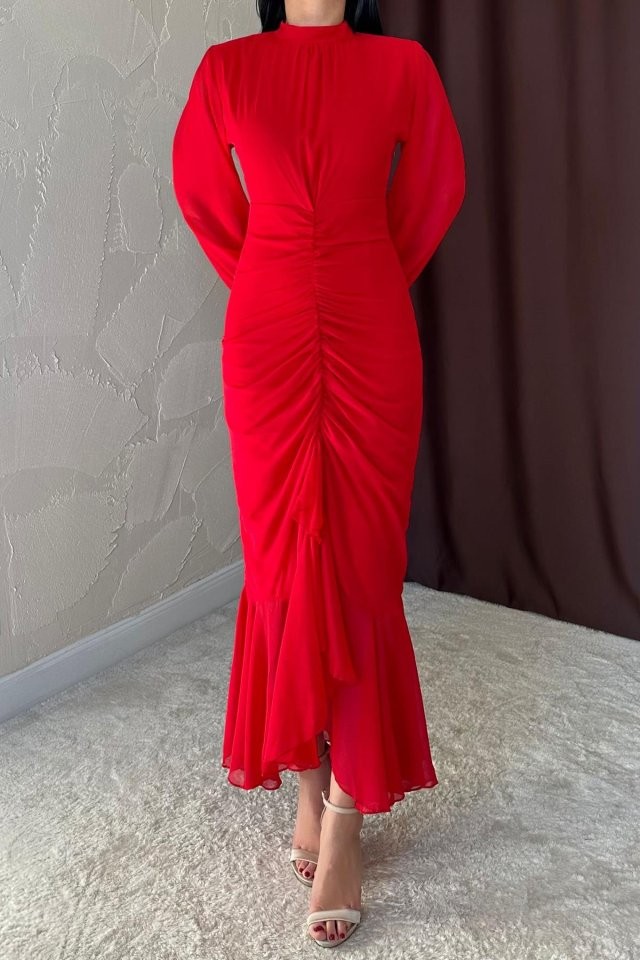 Kırmızı Önü Büzgülü Şifon Elbise