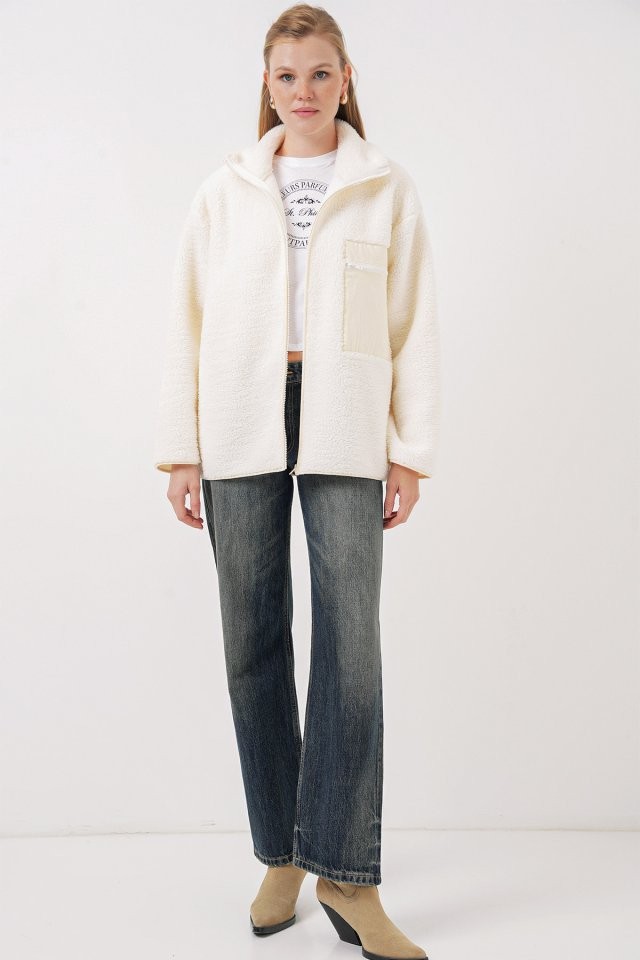 55446 Fermuarlı Oversize Peluş Mont - Bej