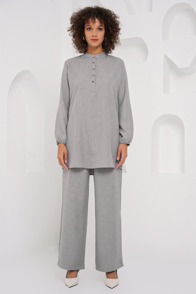 6678 Keten Tunik Pantolon İkili Takım - Gri