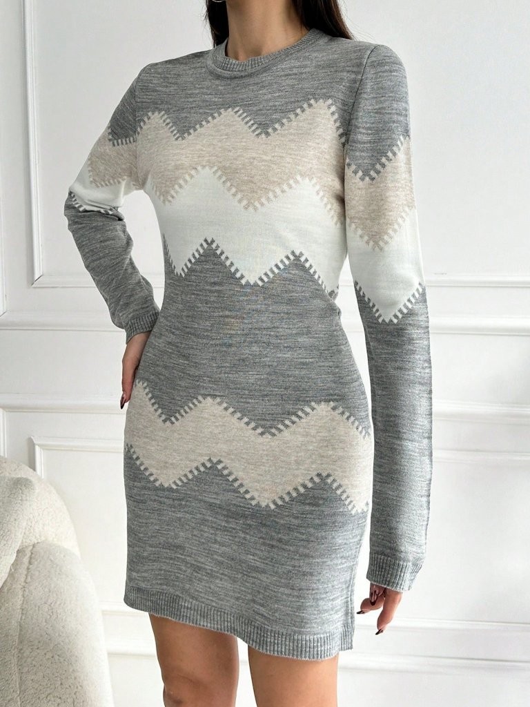 Kadın Uzun Kollu Zigzag Desen Triko Elbise