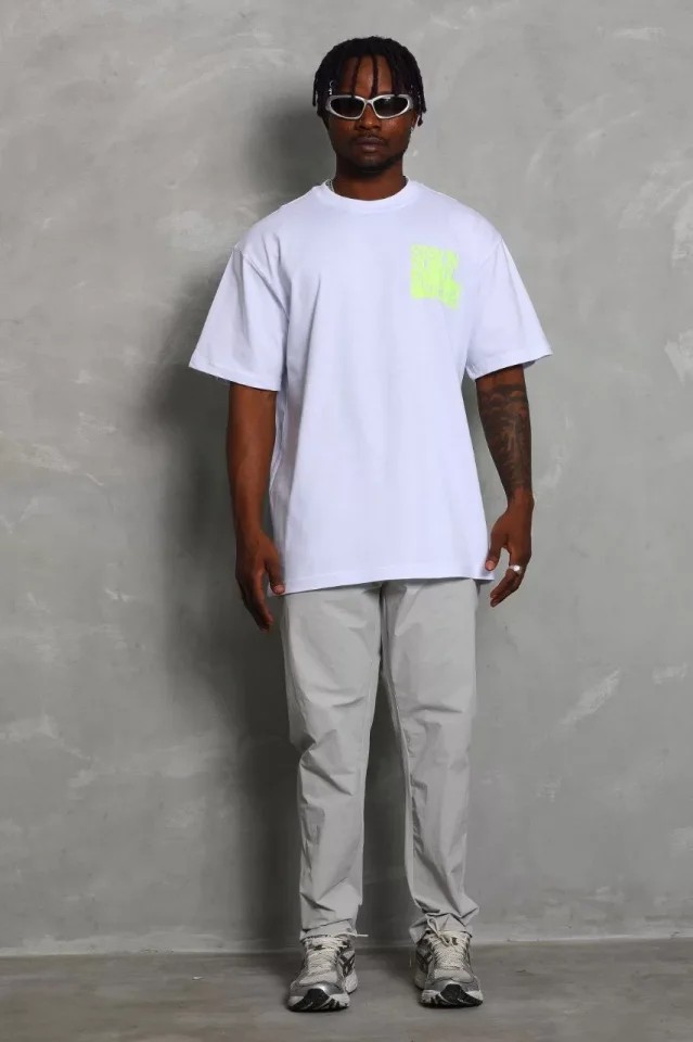 Unisex Oversize Baskılı Bisiklet Yaka T-Shirt - Beyaz