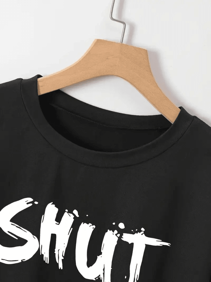 Baskılı Oversize Bisiklet Yaka T-shirt - Siyah