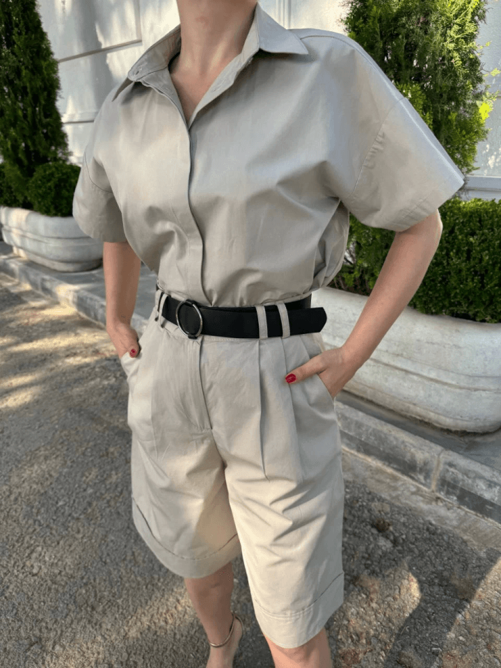 Yakalı Gömlek Kemerli Şortlu Takım - Gri