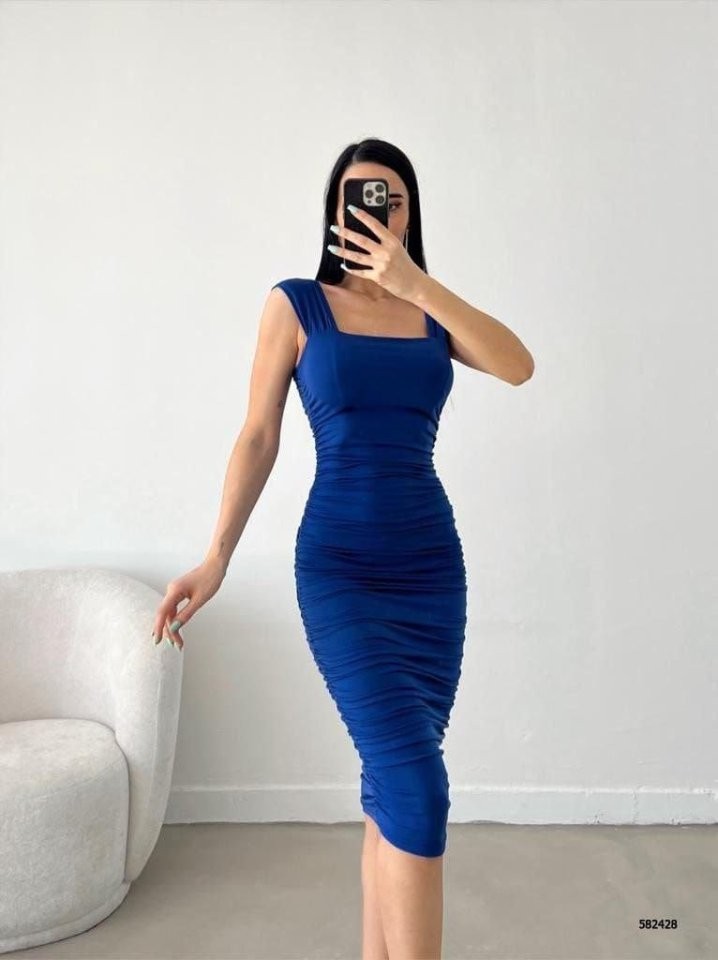 Kadın Sendy Kumaş Kalın Askılı Midi Boy Elbise