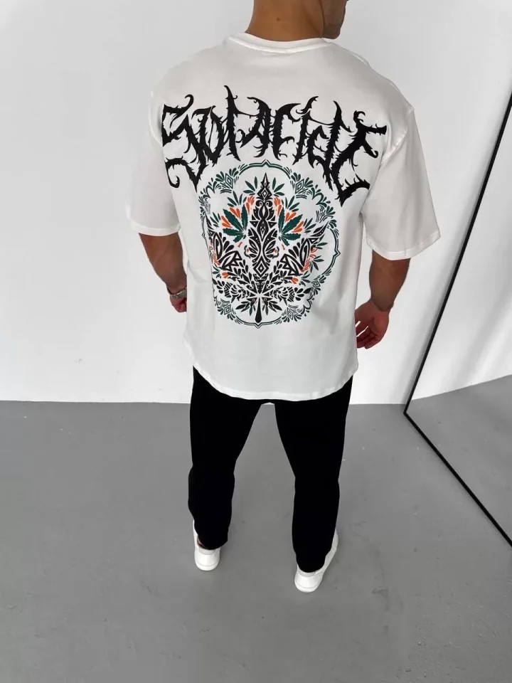 Unisex Bisiklet Yaka Baskılı Oversize T-Shirt - Beyaz