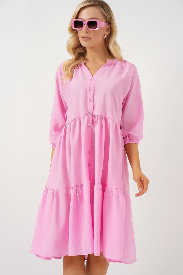 Düğmeli Kısa Kol Elbise 2559 - Pembe