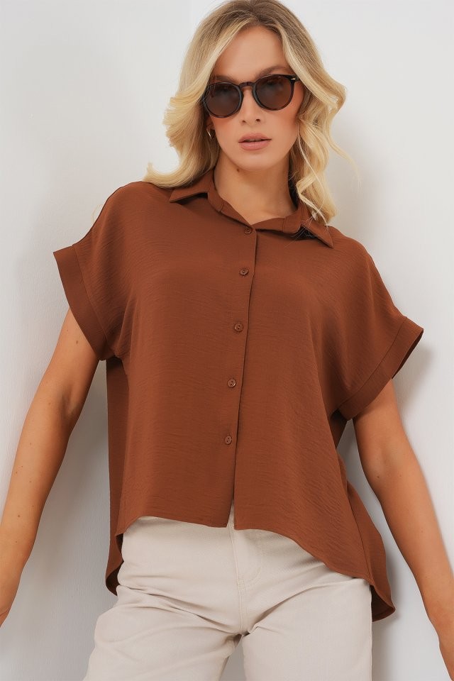 Oversize Kısa Kol Gömlek 20322 - Taba