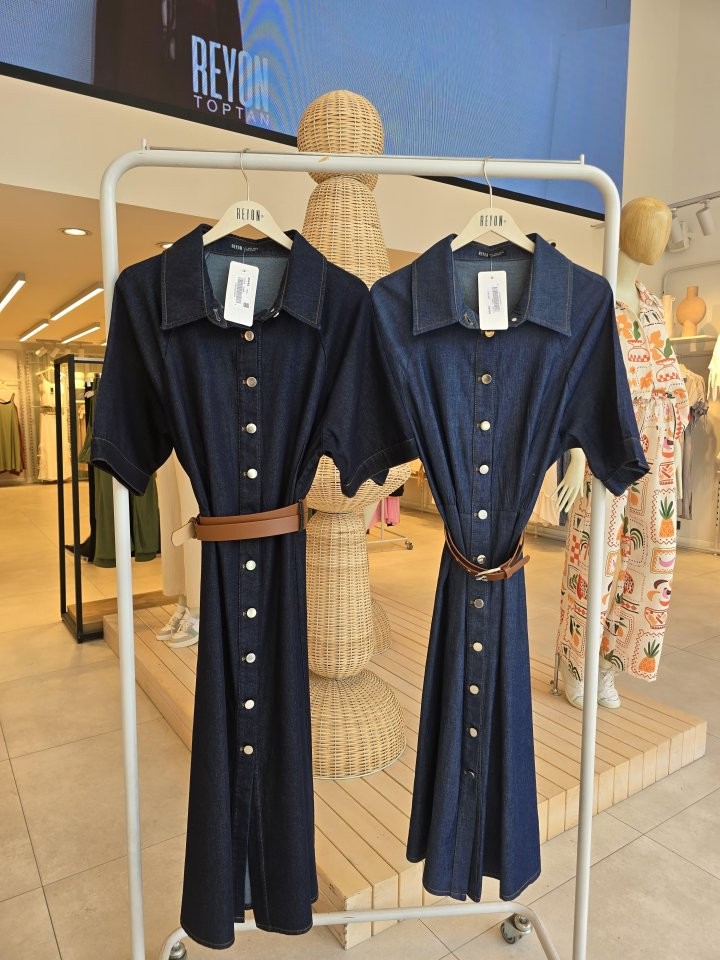 Kısa Kol Düğmeli Denim Elbise - Mavi