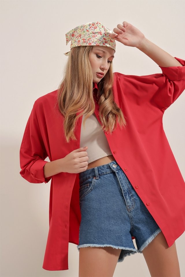 3900 Oversize Uzun Basic Gömlek - Kırmızı