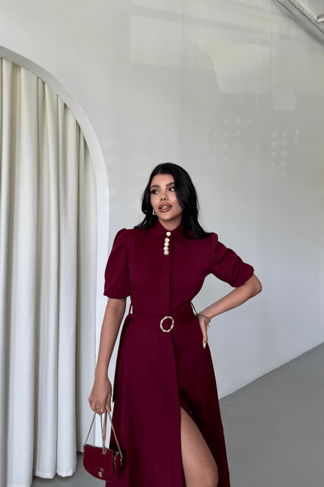 YAKA DÜĞME DETAYLI ELBİSE- Bordo