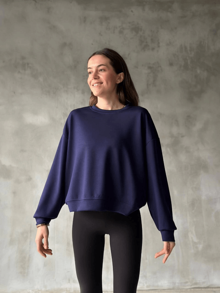 Osy Modal Yumuşak Dokulu Kumaş Bisiklet Yaka Oversize Sweatshirt - Lacivert