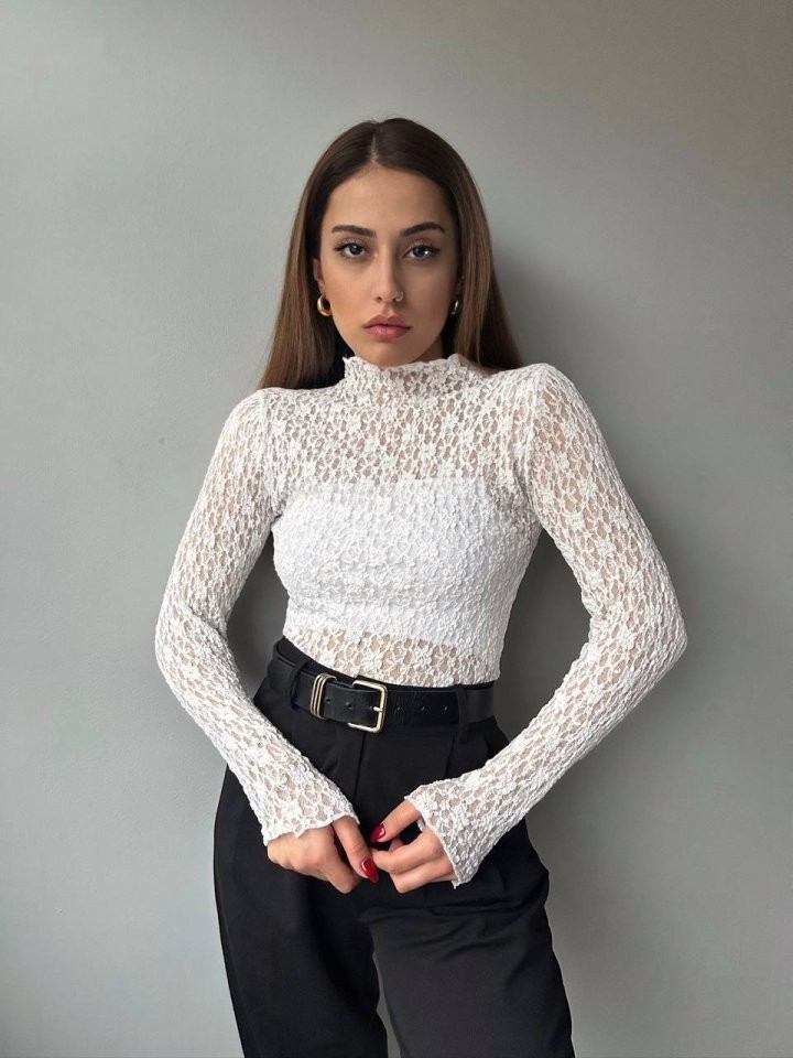 Kadın Likralı Dantel Transparan Uzun Kol Crop Bluz