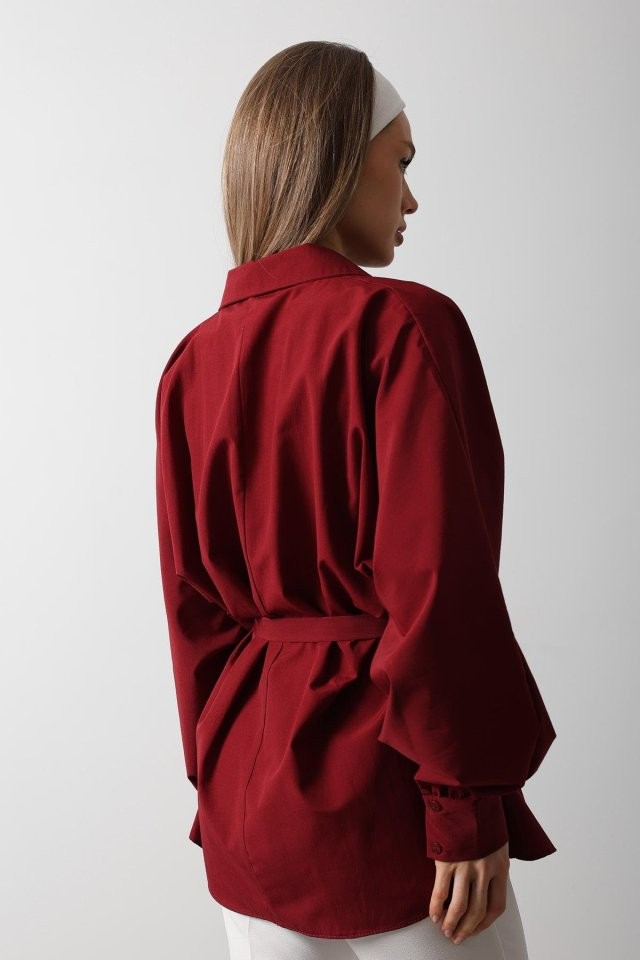 Bel Detaylı Gömlek - Bordo