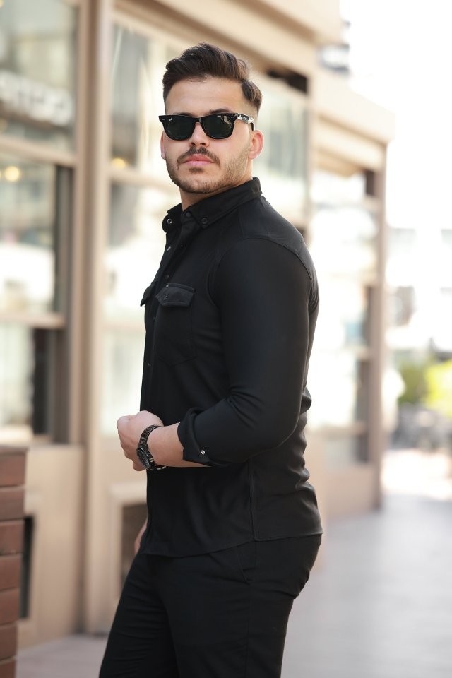 Erkek çift Cepli çıtçıt Düğmeli Uzun Kollu Gömlek