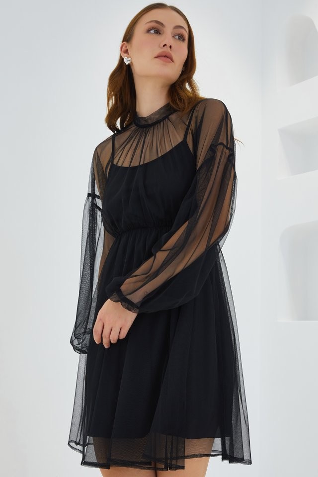 Siyah Tül Detaylı Mini Elbise 2485