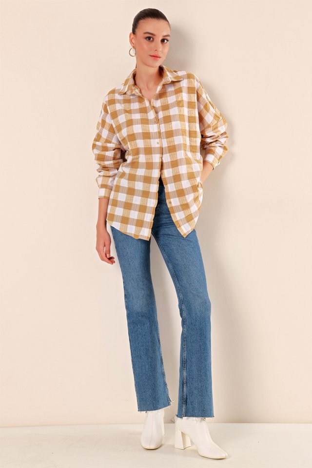 3900 Oversize Uzun Basic Gömlek - Vizon