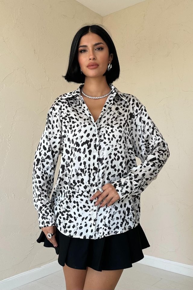 Ekru Leopar Desenli Saten Gömlek