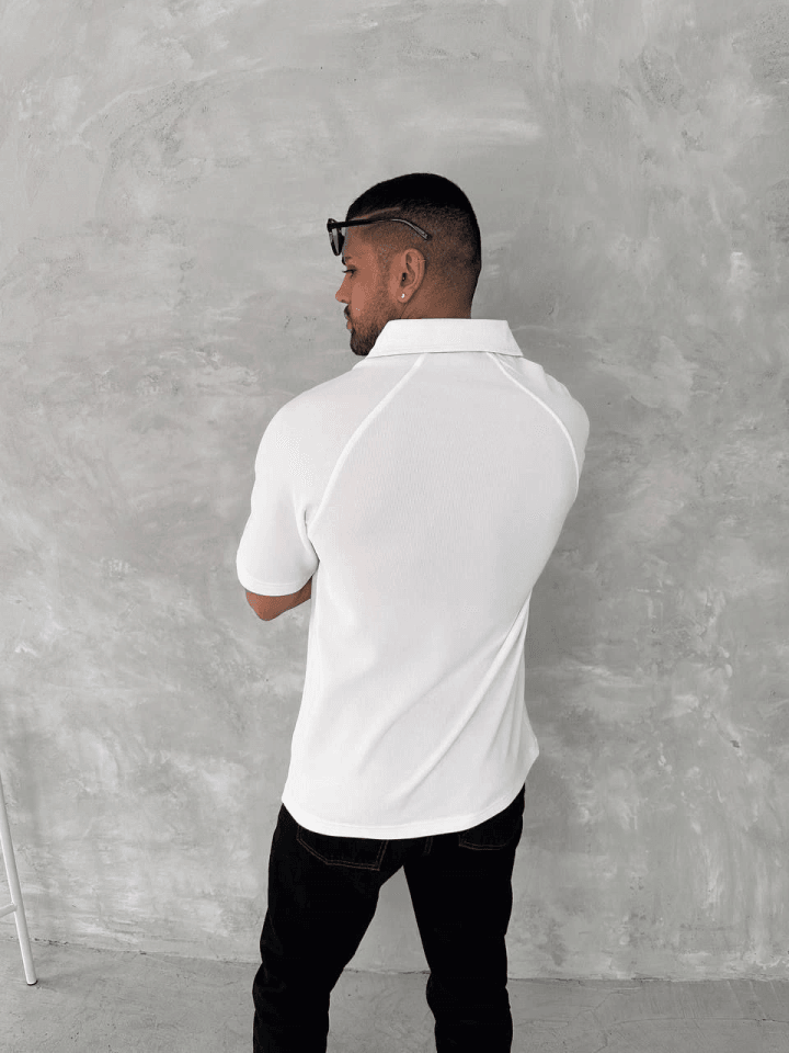 Yakalı Patlı Kısa Kol T-shirt - Beyaz