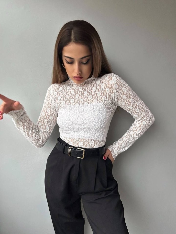 Kadın Likralı Dantel Transparan Uzun Kol Crop Bluz