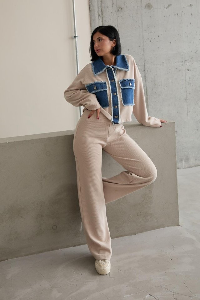 Bej Denim Garnili Gömlek Ve Pantolon Takım