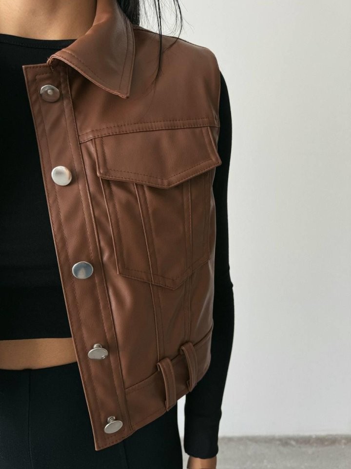 DERİ CROP YELEK - Kahverengi