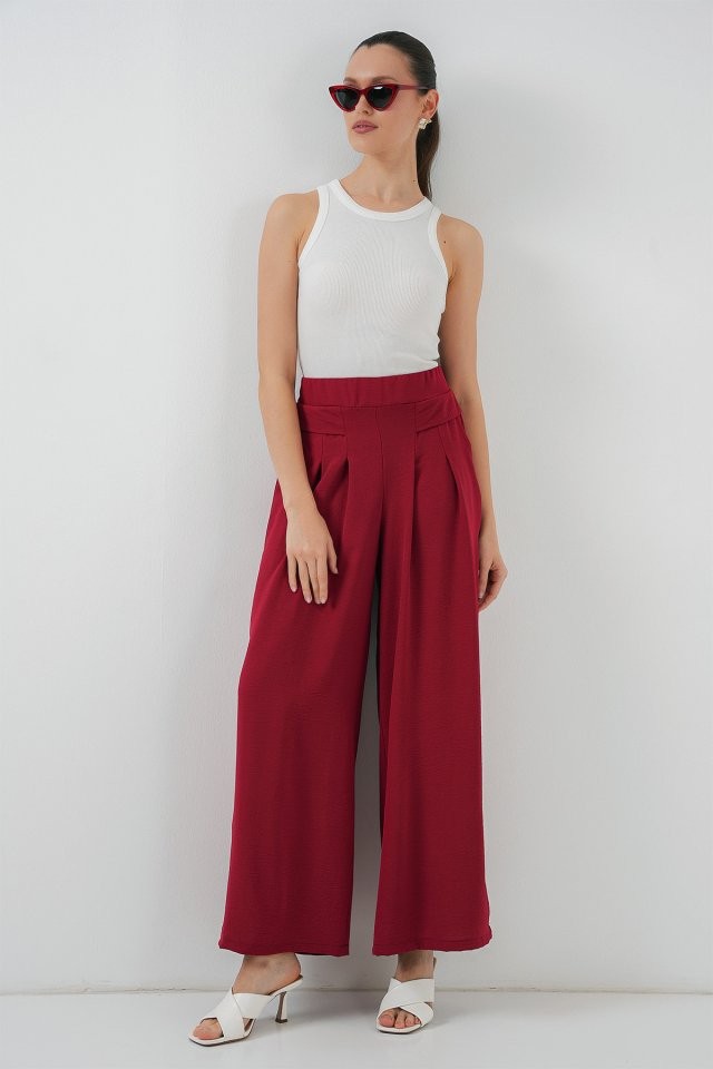 Geniş Paça Pileli Pantolon 6718 - Kırmızı