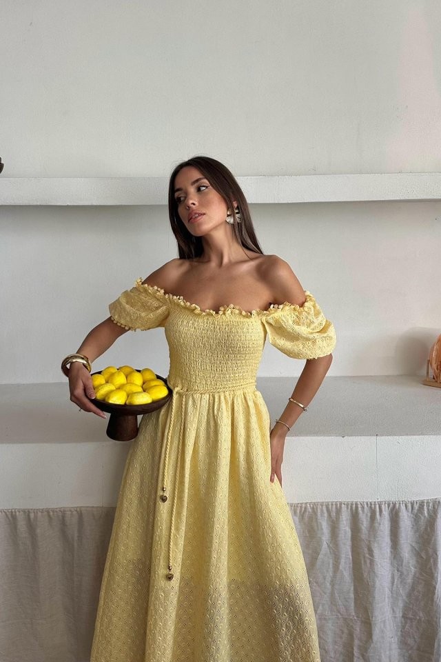 Sarı Gipeli Brode Elbise