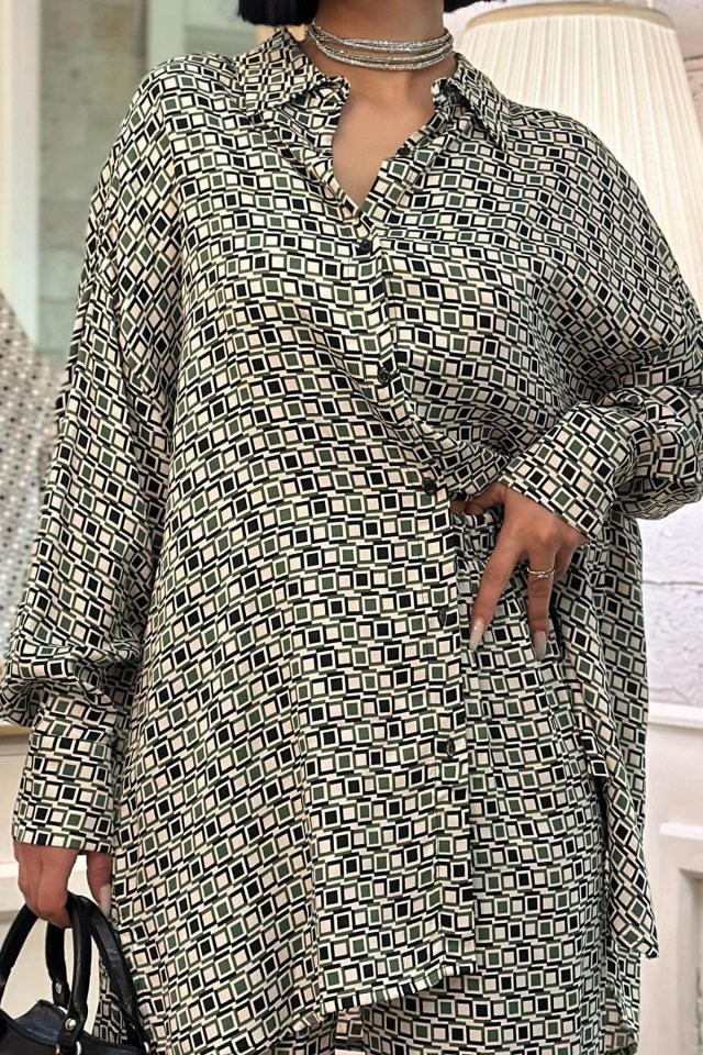Yeşil Dijital Desenli Gömlek Ve Pantolon Takım