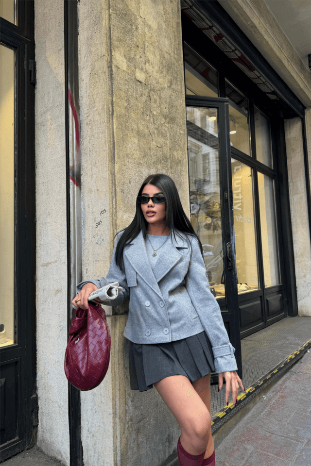 KAŞE CROP CEKET 4 DÜĞME - Gri