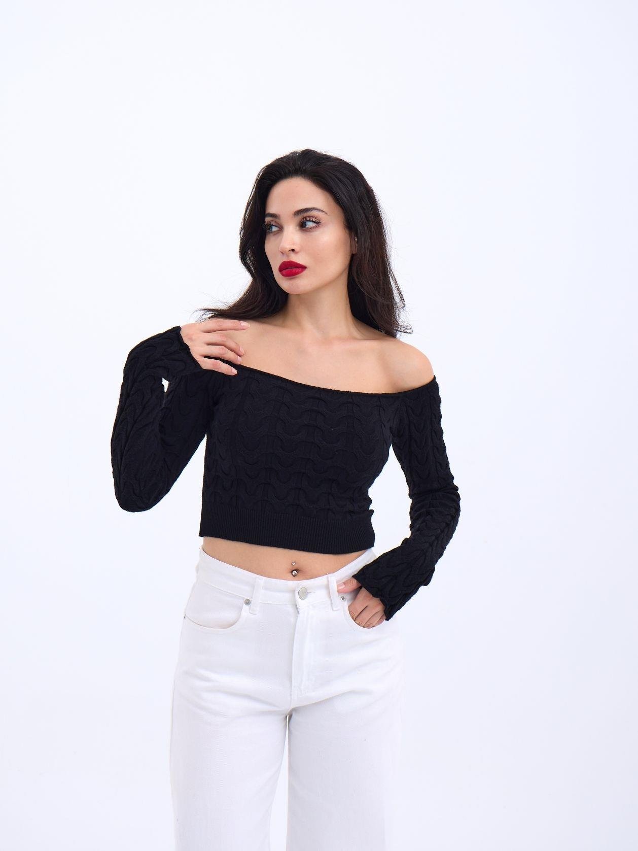42241 TRİKO KAYIK YAKA CROP-SİYAH