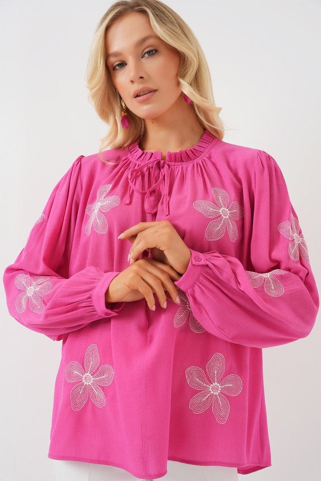 Uzun Kol Nakışlı Örme Bluz 951 - Pembe