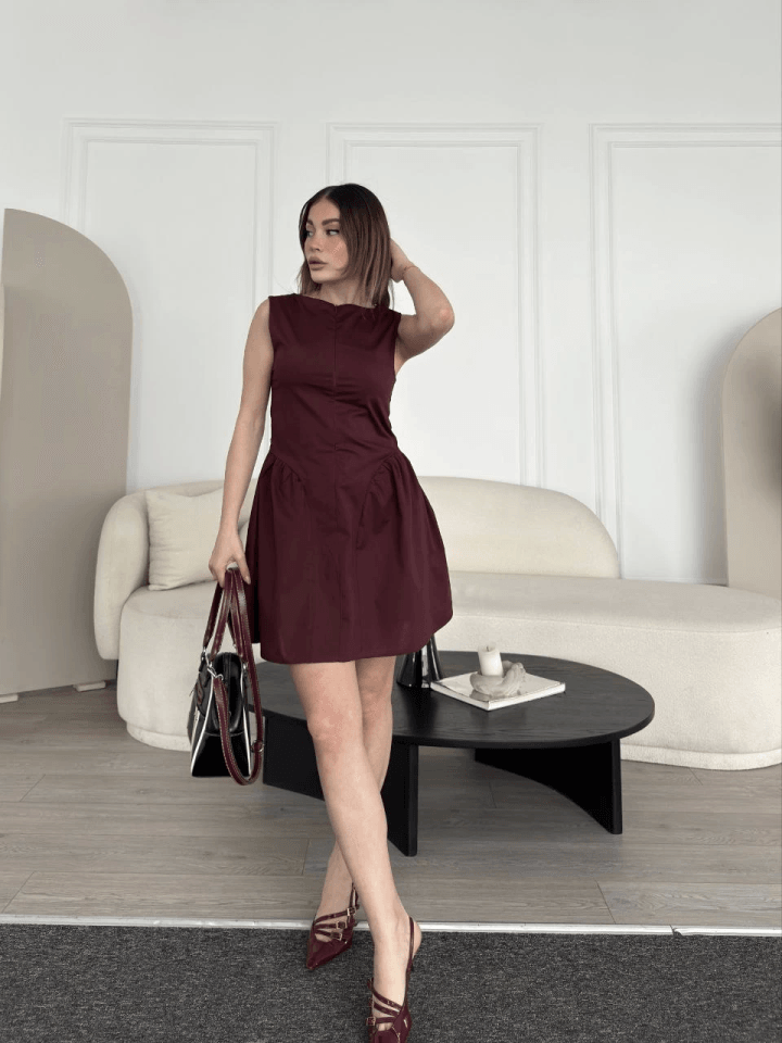 Fermuar Detaylı Mini Elbise - Kahve