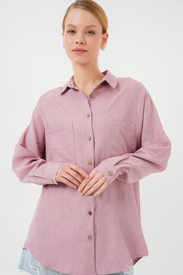 20126 Oversize Keten Gömlek - Gül Kurusu