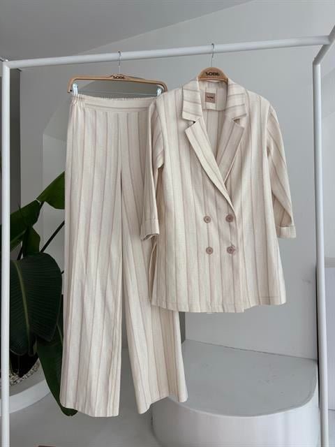 Blazer Ceketli Çizgili Keten Takım 10186