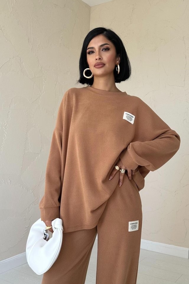 Camel Klasik Fitilli Kazak Ve Pantolon Takım