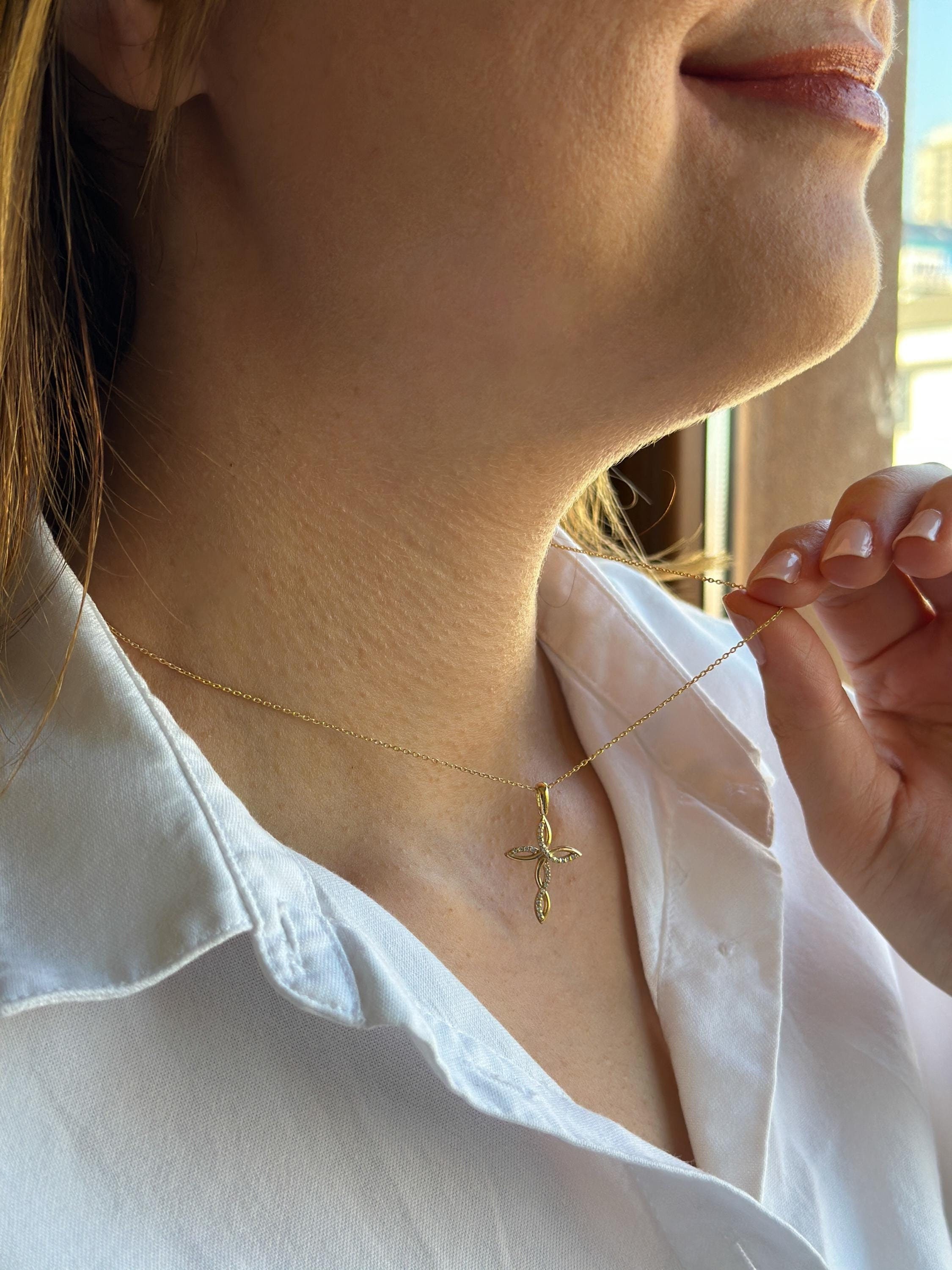 14K Solid Gold Diamond Cross Necklace for Women | Christian Faith Jewelry | Genuine Gold Religious Pendant | Ideal Gift for Her