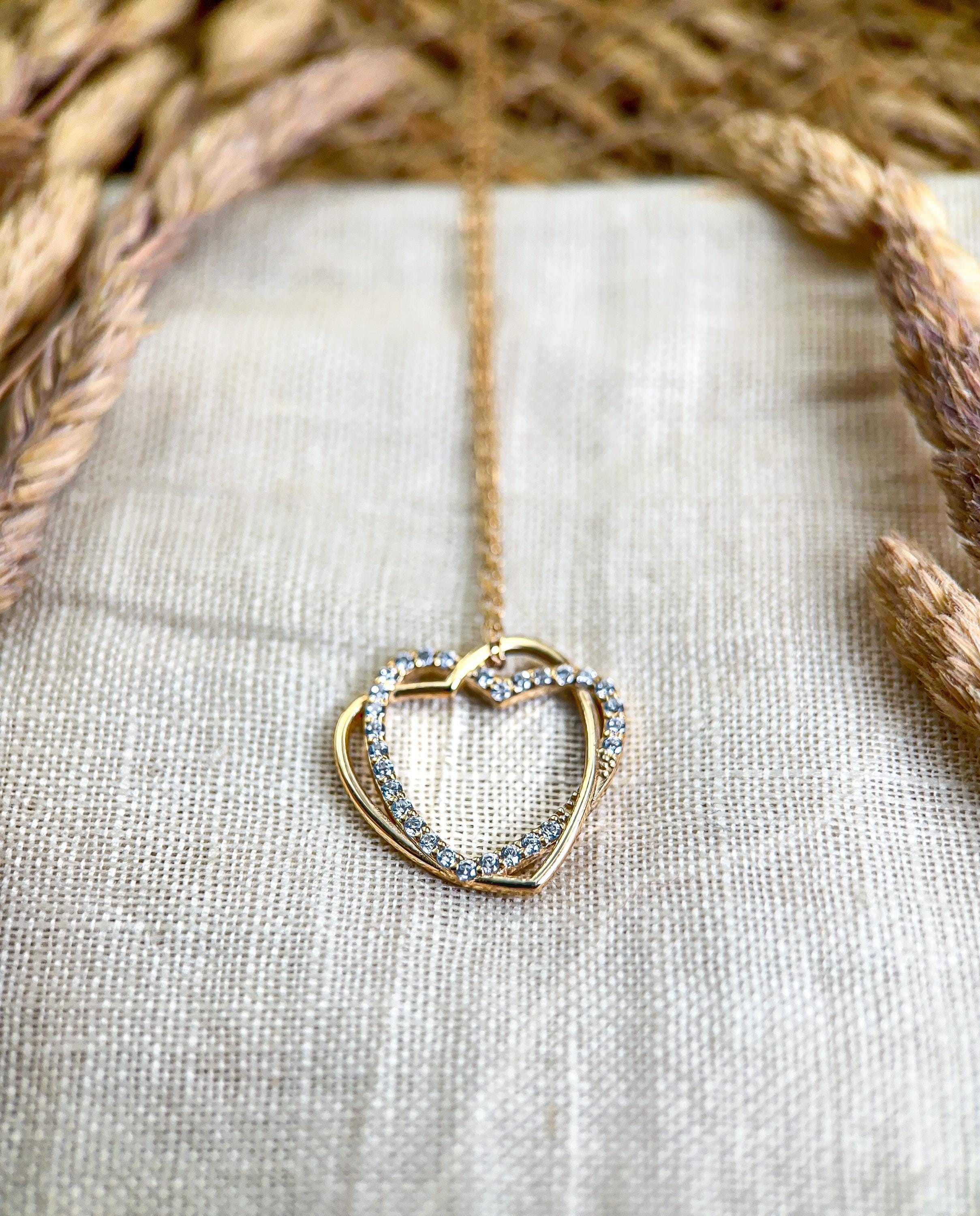 14K Solid Gold Double Heart Diamond Necklace | Genuine 14K Gold Interlocking Hearts Necklace | Elegant, Minimalist Jewelry for Women