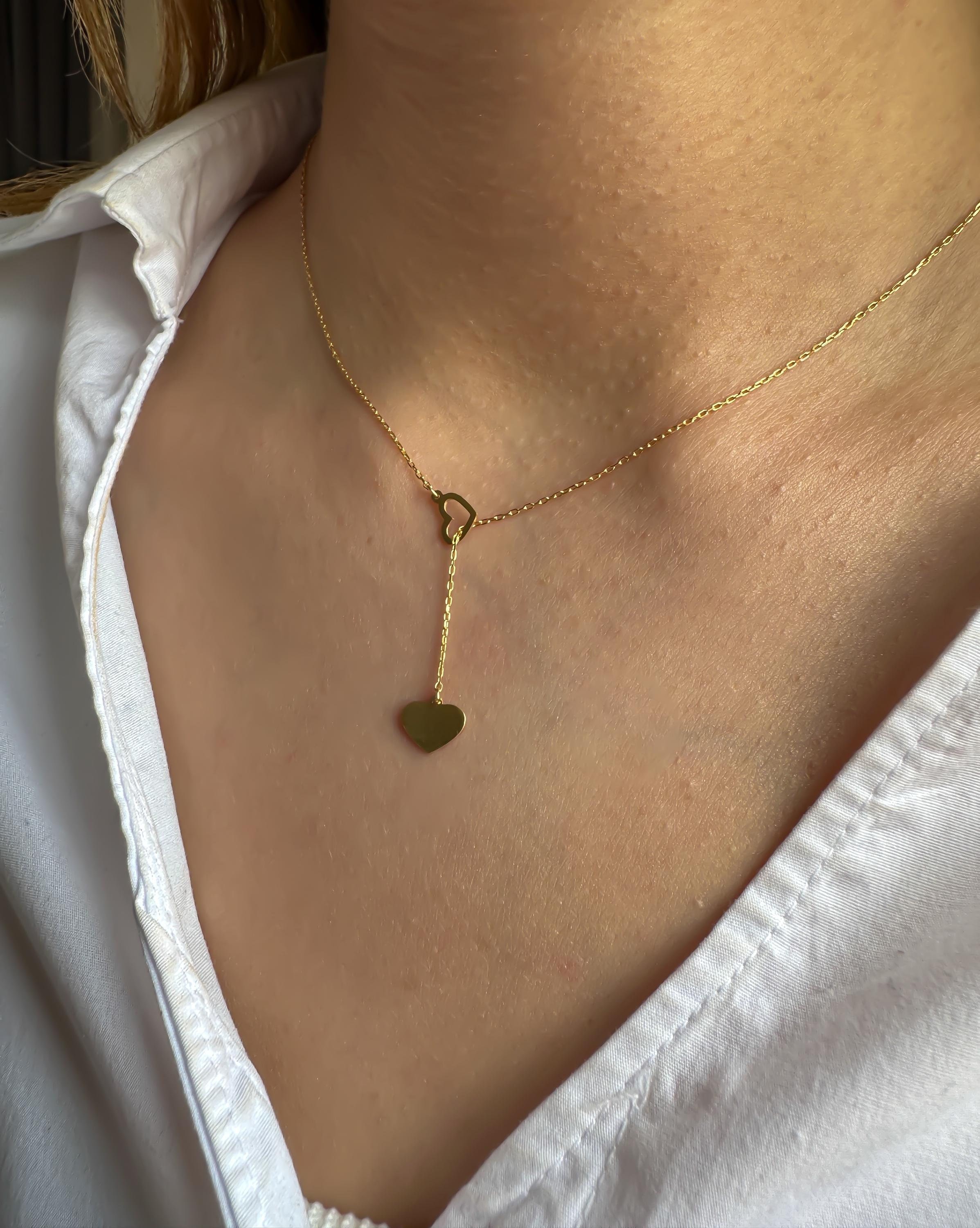 14K Solid Gold Heart Y Necklace for Women | Dainty Heart Lariat Necklace | Genuine 14K Gold Pendant | Elegant Jewelry Gift for Her