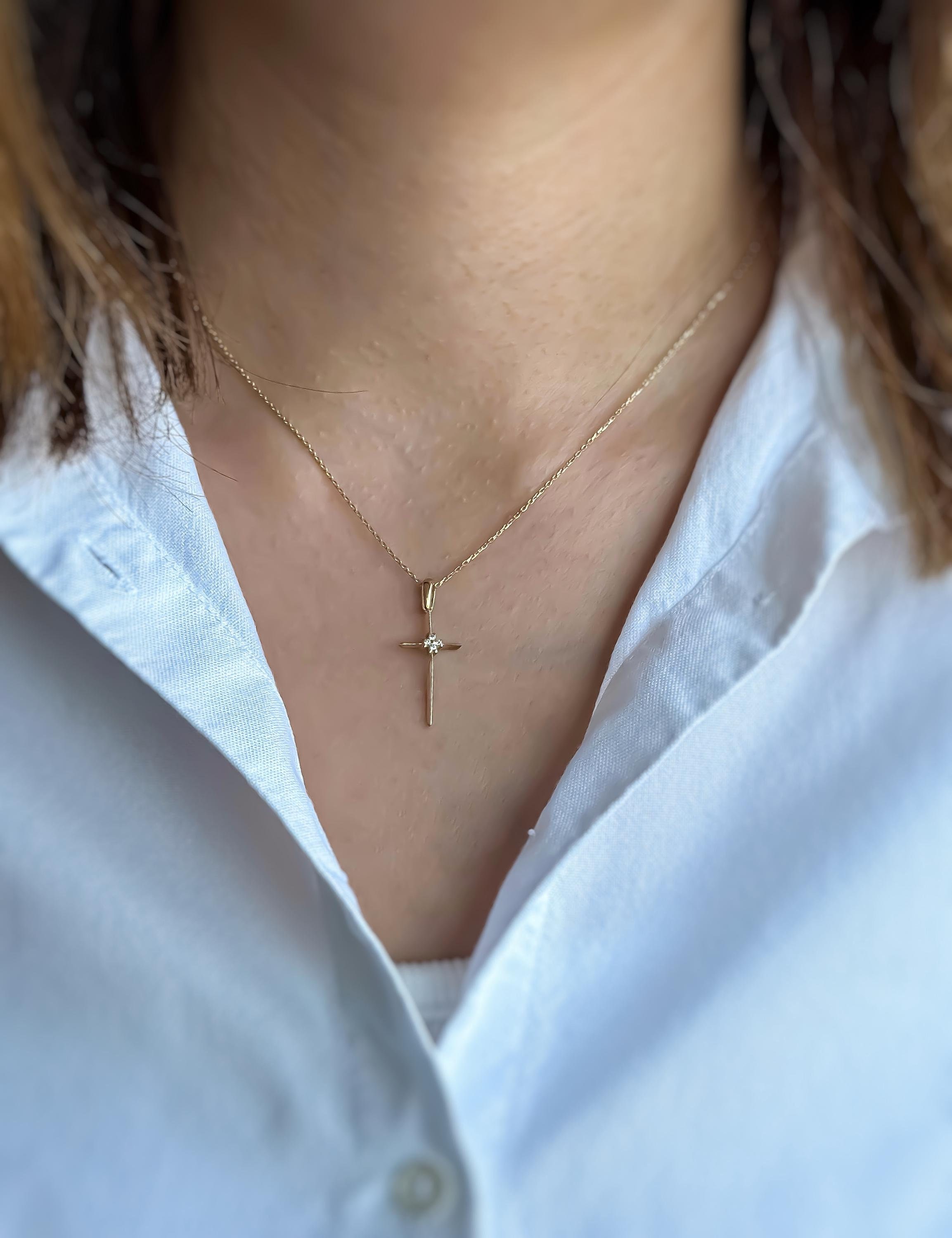 14K Solid Gold Customized Birthstone Cross Necklace | Genuine Gold Diamond Gemstone Necklace | Religious Jewelry for Women | Gift for Her
