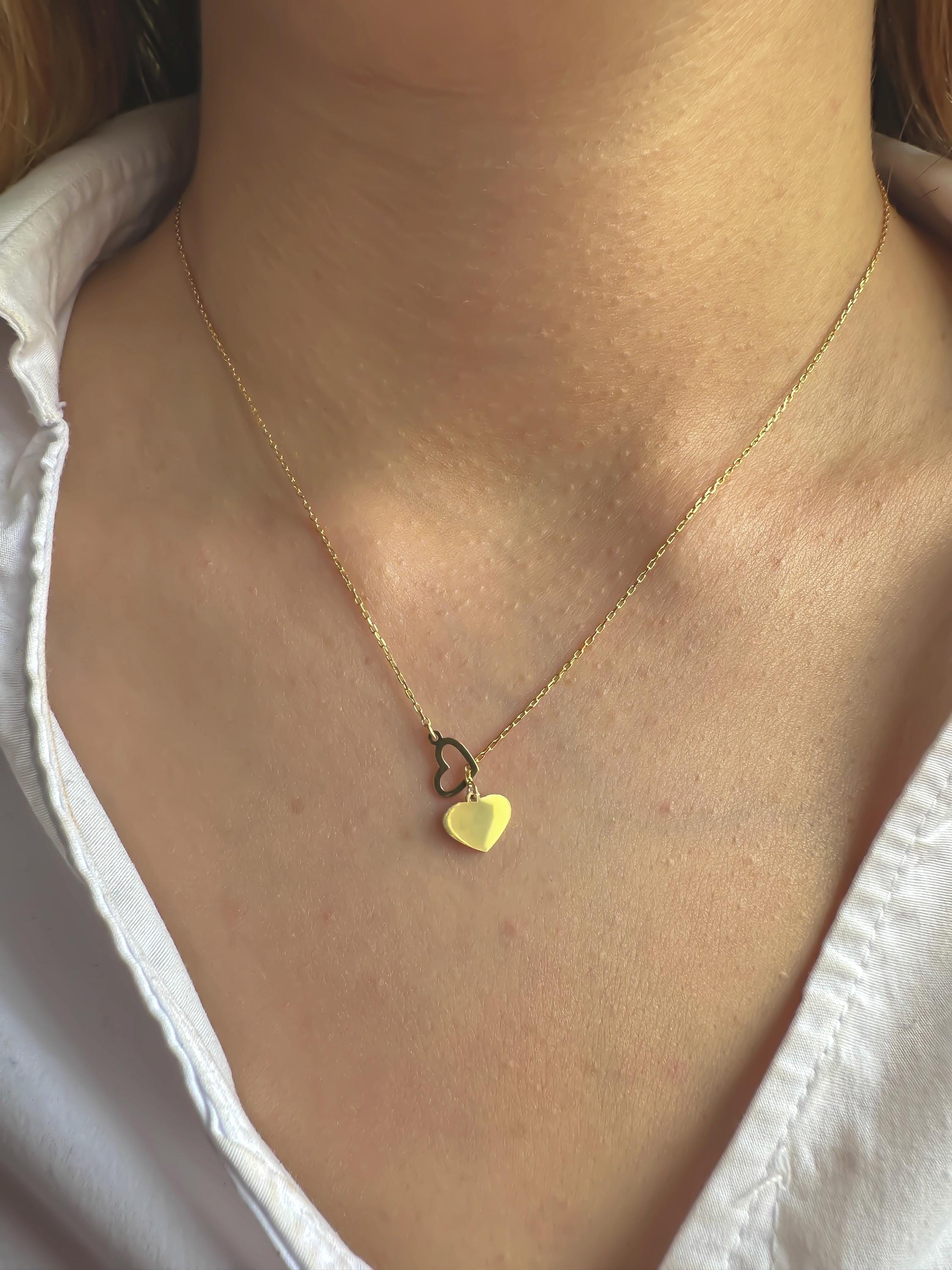 14K Solid Gold Heart Y Necklace for Women | Dainty Heart Lariat Necklace | Genuine 14K Gold Pendant | Elegant Jewelry Gift for Her