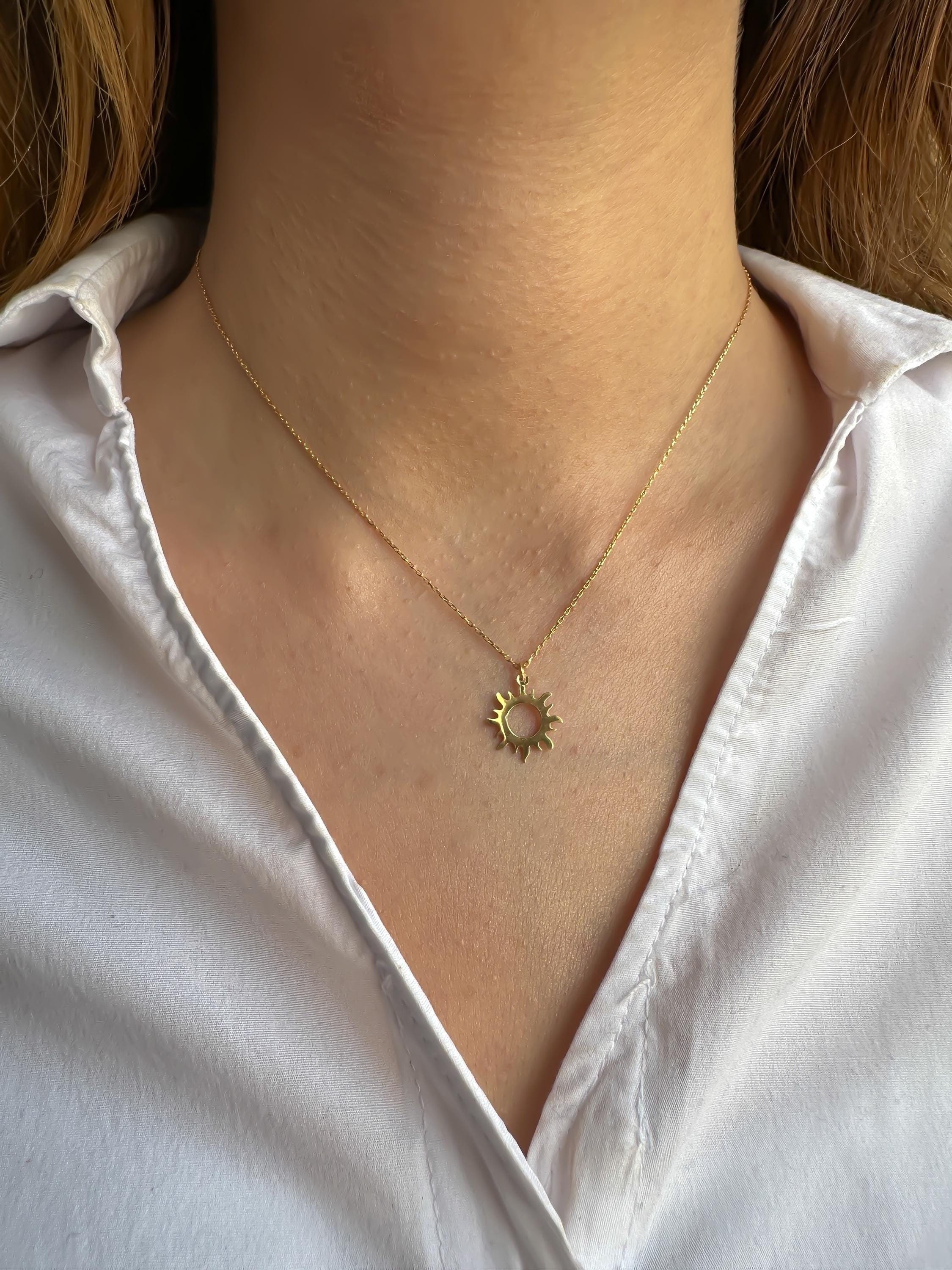 14K Solid Gold Sun Pendant Necklace for Women | Celestial Charm Jewelry | Sunshine Pendant | Summer-Inspired Sun Necklace Gift