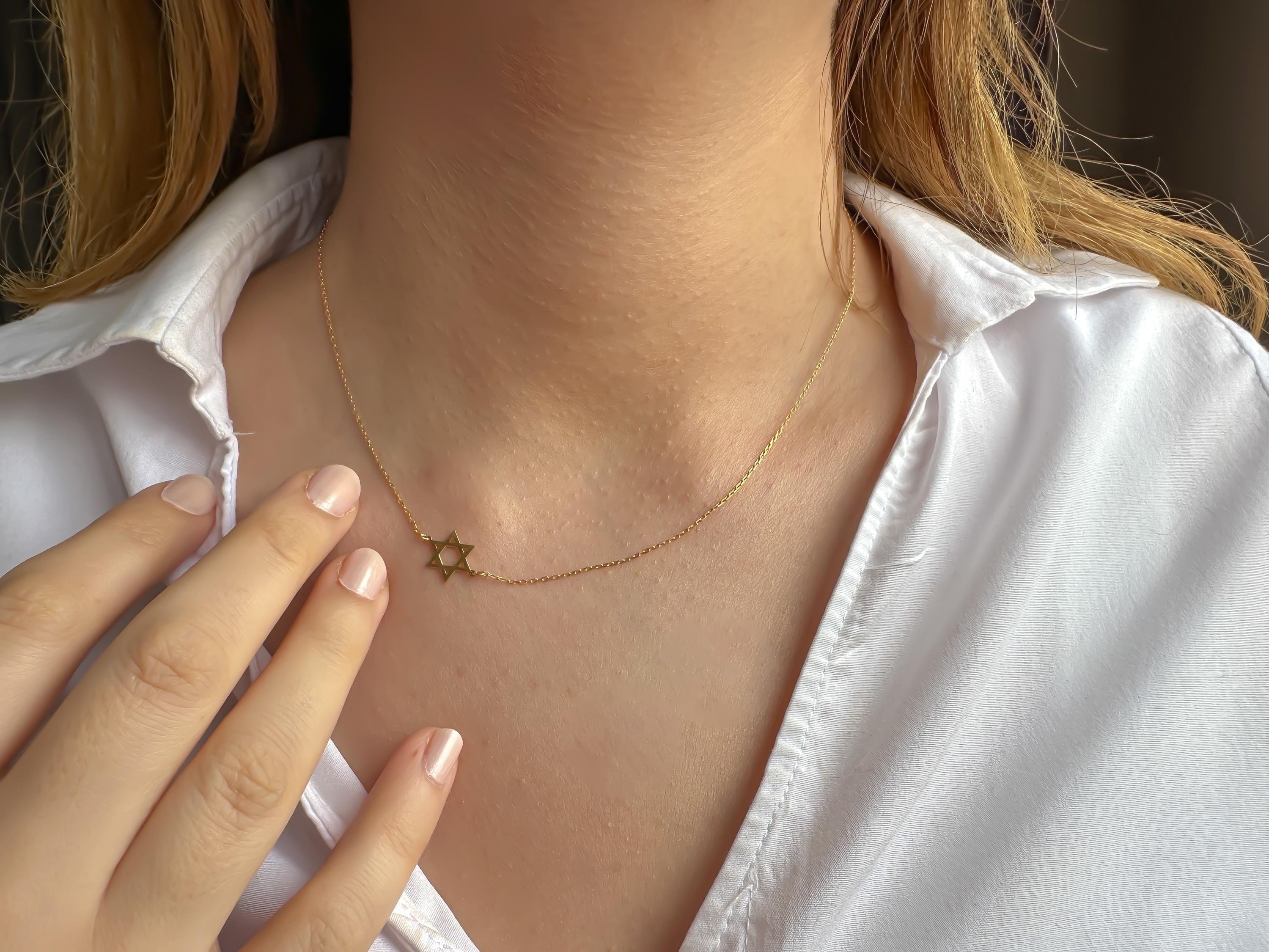 14K Solid Gold Sideways Star of David Necklace | Women's Gold Star of David Pendant | Minimalist Star Necklace | 14k Gold Jewish Charm