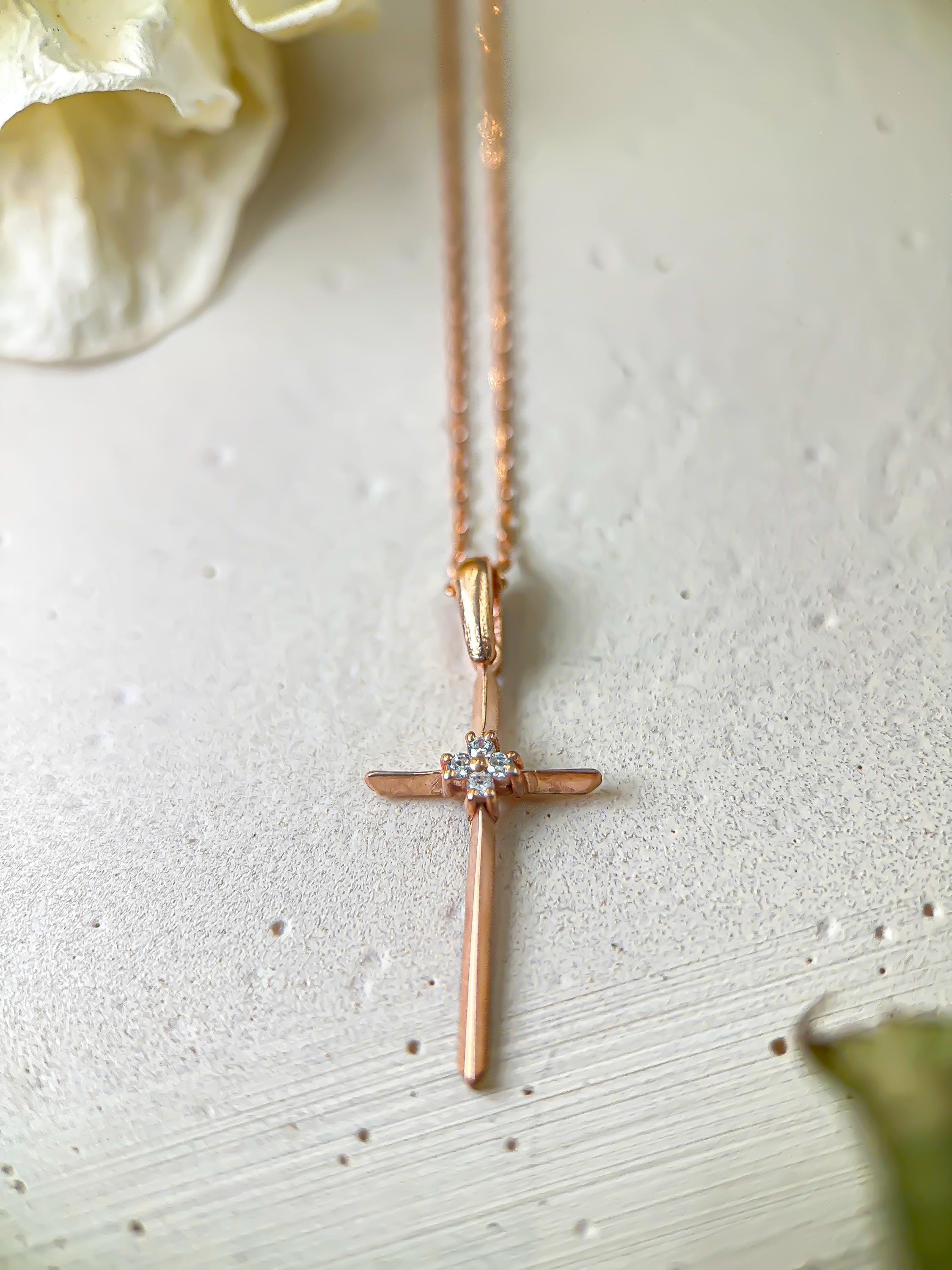 14K Solid Gold Customized Birthstone Cross Necklace | Genuine Gold Diamond Gemstone Necklace | Religious Jewelry for Women | Gift for Her