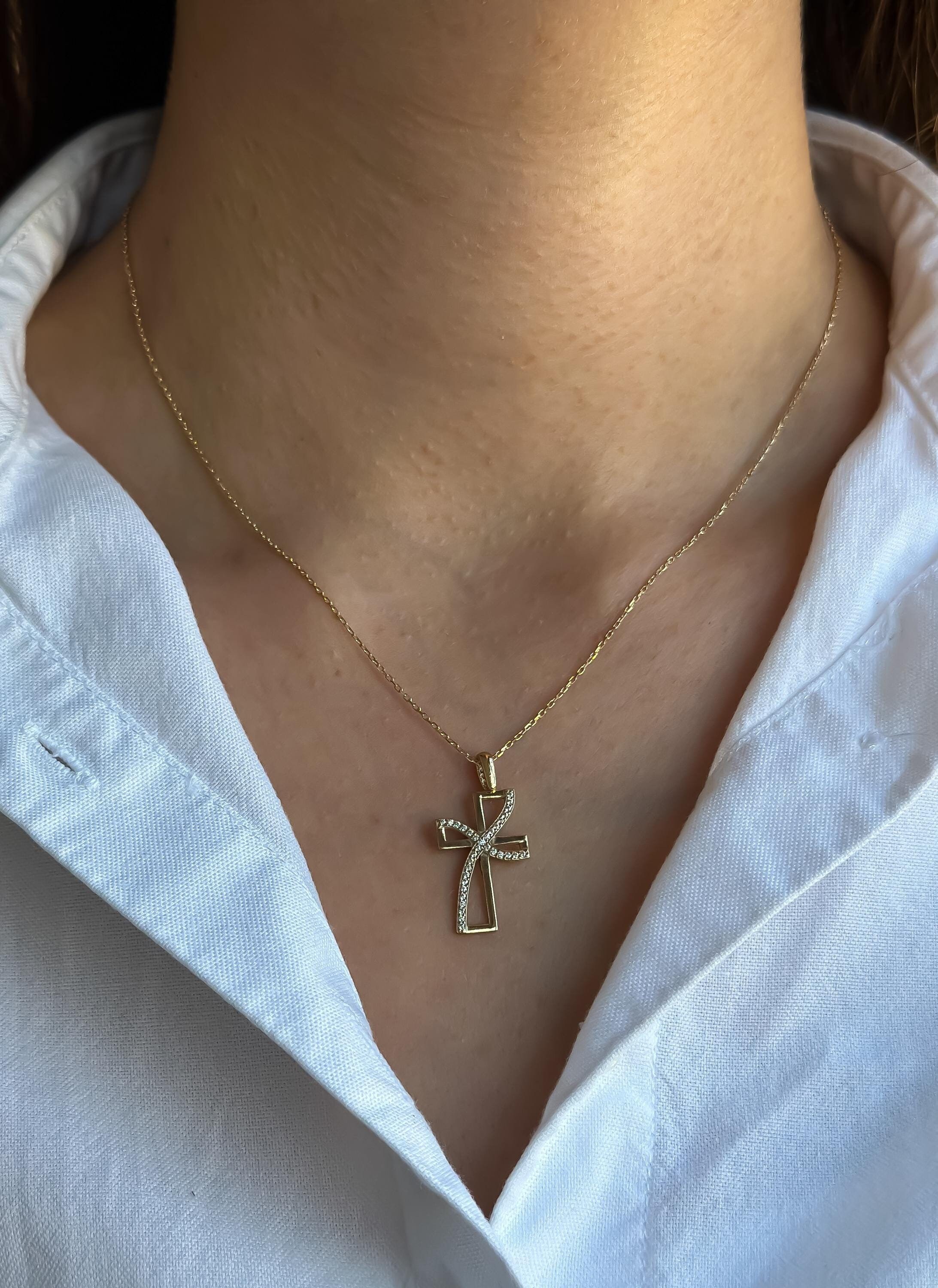 14-karätige Diamant-Kreuz-Halskette aus massivem Gold für Damen | Christlicher Glaubensschmuck | Religiöser Anhänger | Kreuzkette aus echtem Gold | Perfektes Geschenk für sie