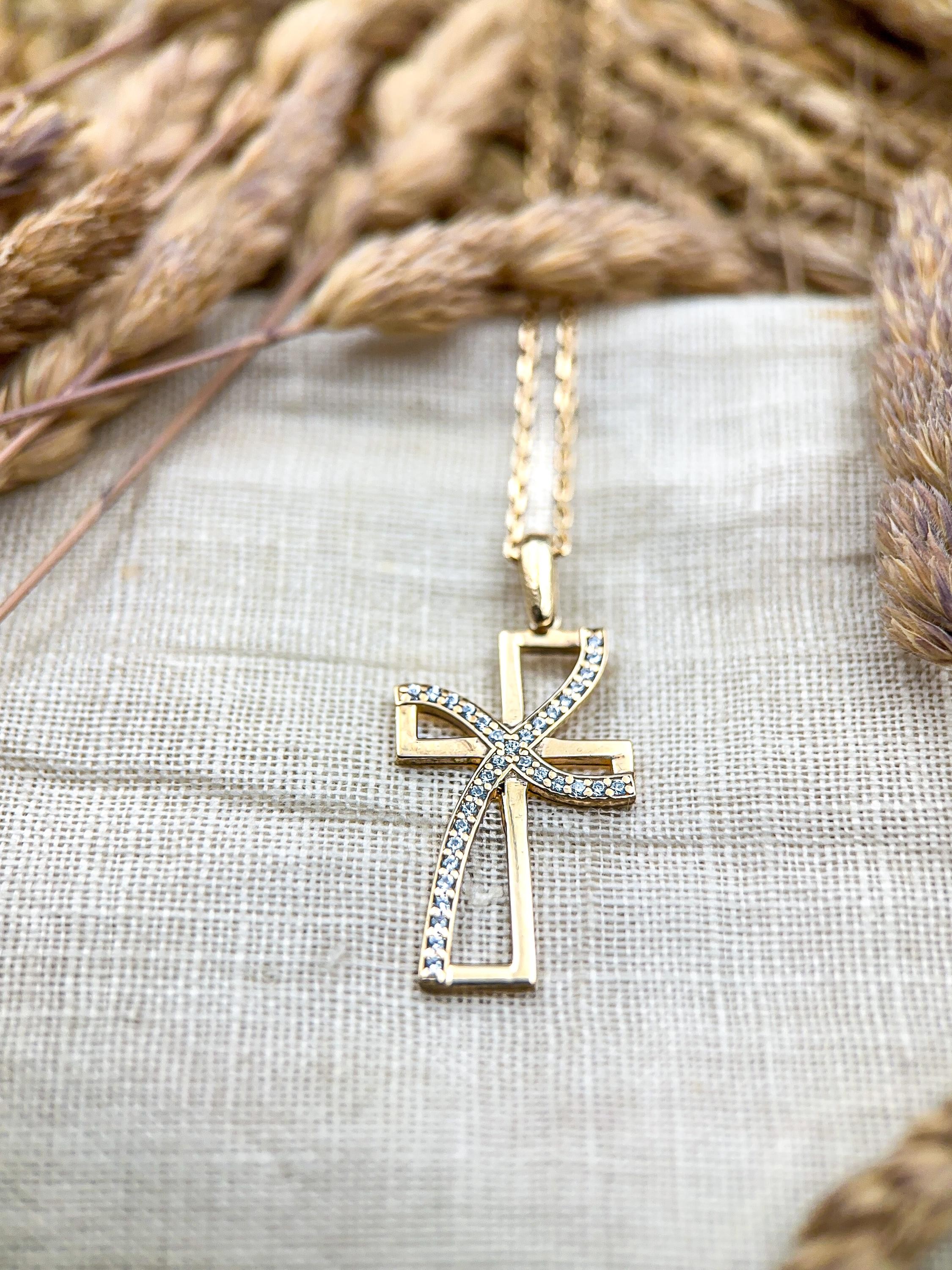 14-karätige Diamant-Kreuz-Halskette aus massivem Gold für Damen | Christlicher Glaubensschmuck | Religiöser Anhänger | Kreuzkette aus echtem Gold | Perfektes Geschenk für sie