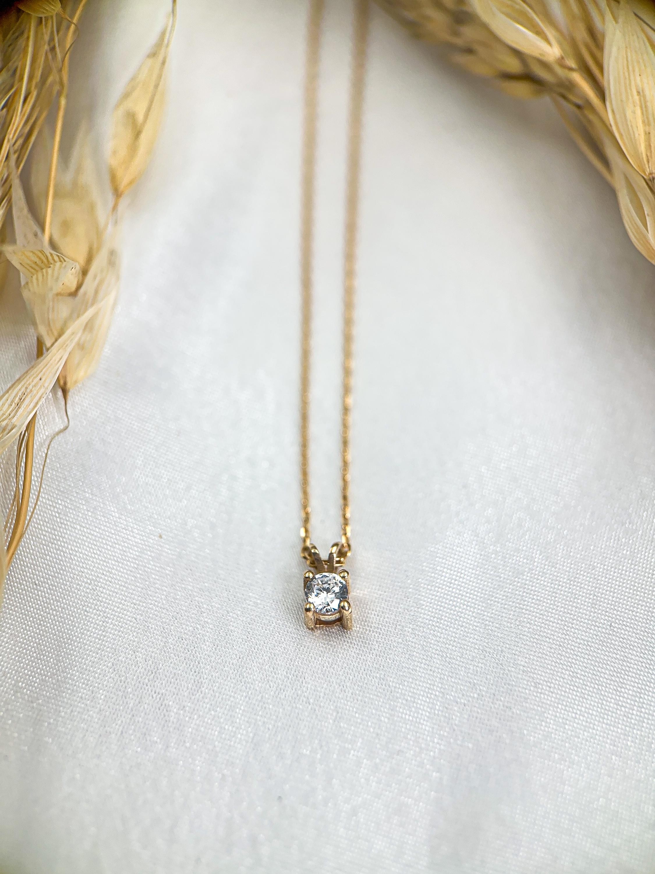 14K Solid Gold Diamond Solitaire Necklace | Round Cut Diamond Pendant for Women | Real 14K Gold Diamond Jewelry | Perfect Gift for Her